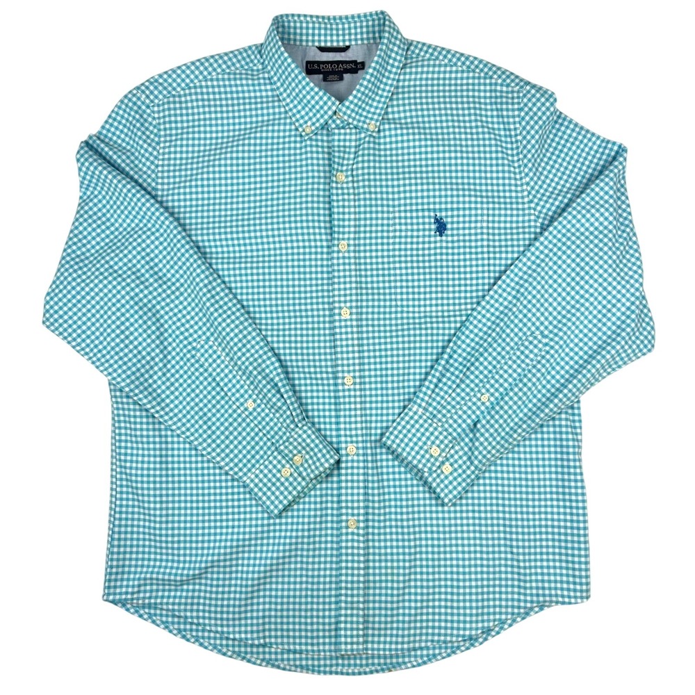US Polo Assn Mens XL Teal‎ White Gingham Long Sleeve Button Down Shirt